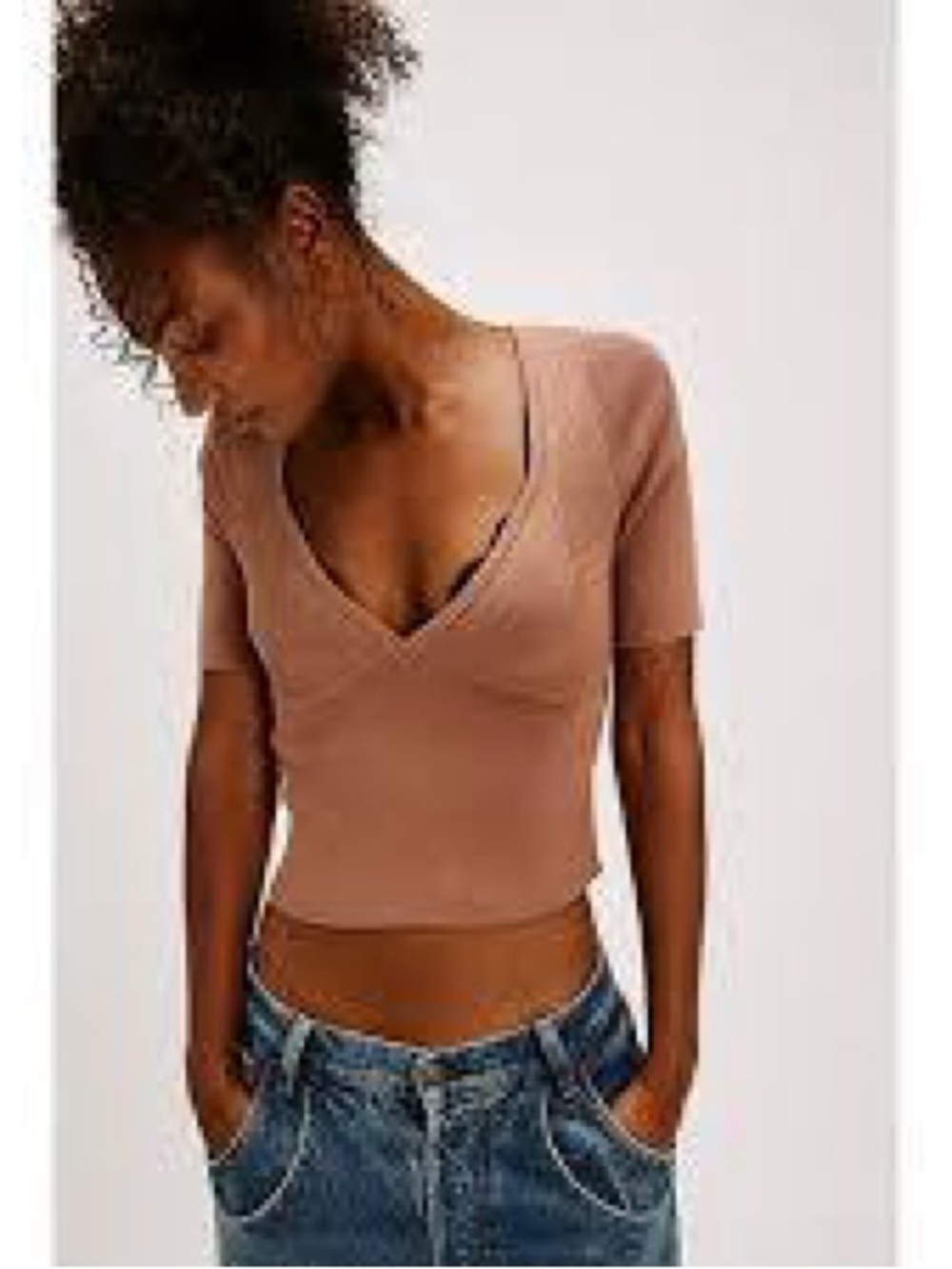 Intimately Free People Teagan Swit Short Sleeve Ribbed Top in Latte - Small